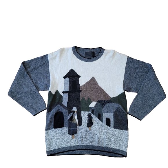 100% baby alpaca wool sweater with depiction of a mother daughter and village - Picture 5 of 12